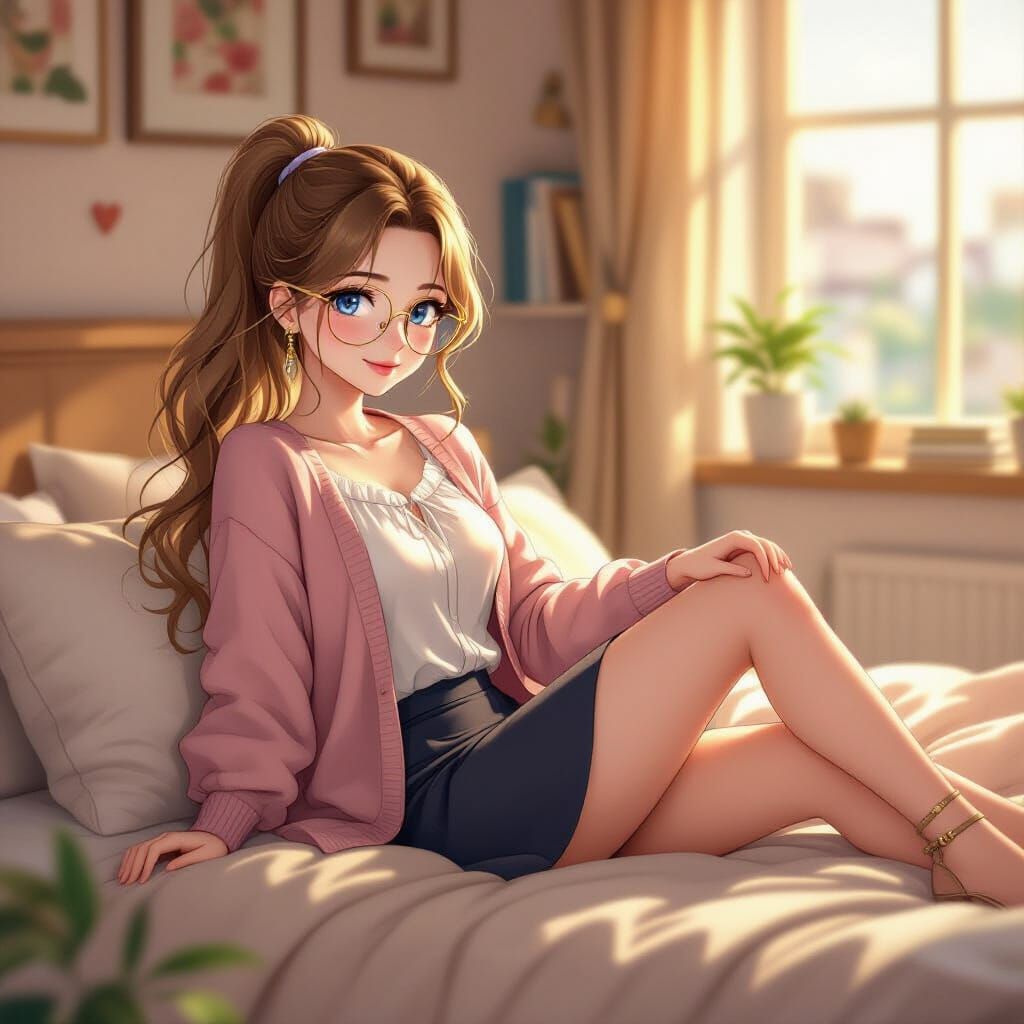 Cute Librarian Lounging in Golden Hour Light