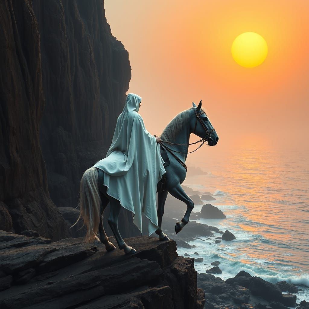 Ethereal Rider on Cliff's Edge, Majestic Horses, Serene Shor...