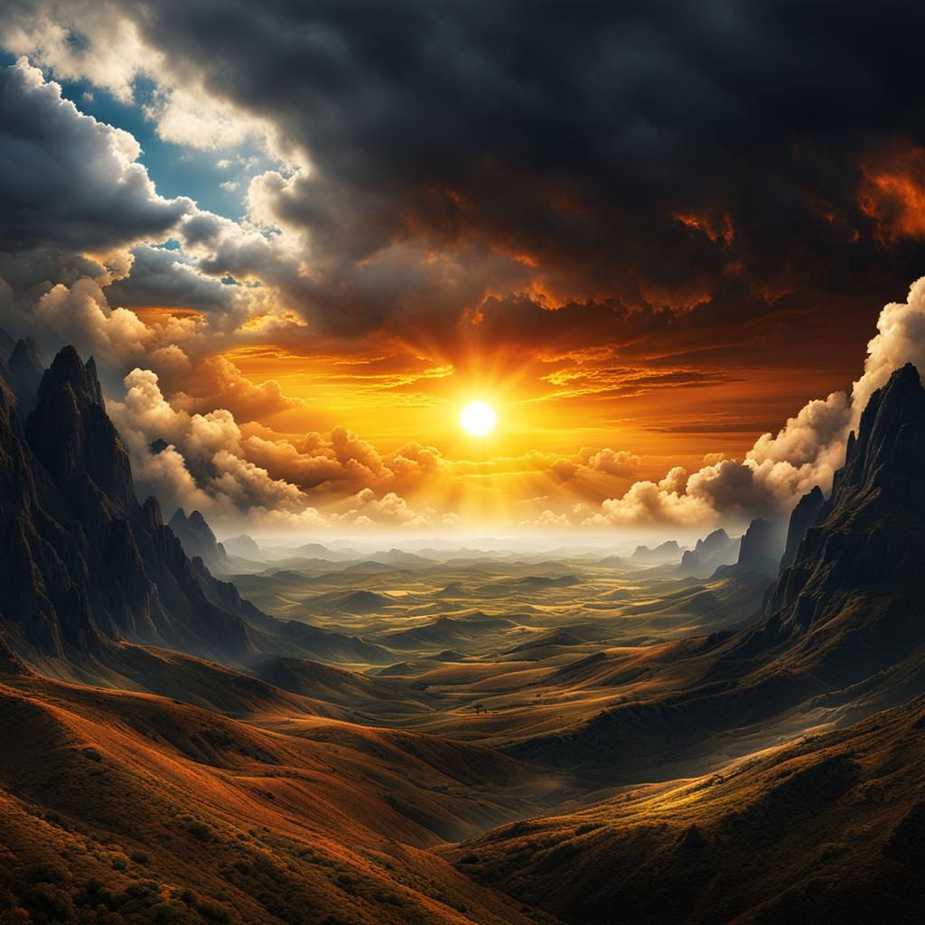 Sunlit Sky Above Dark Clouds: Fantasy Landscape