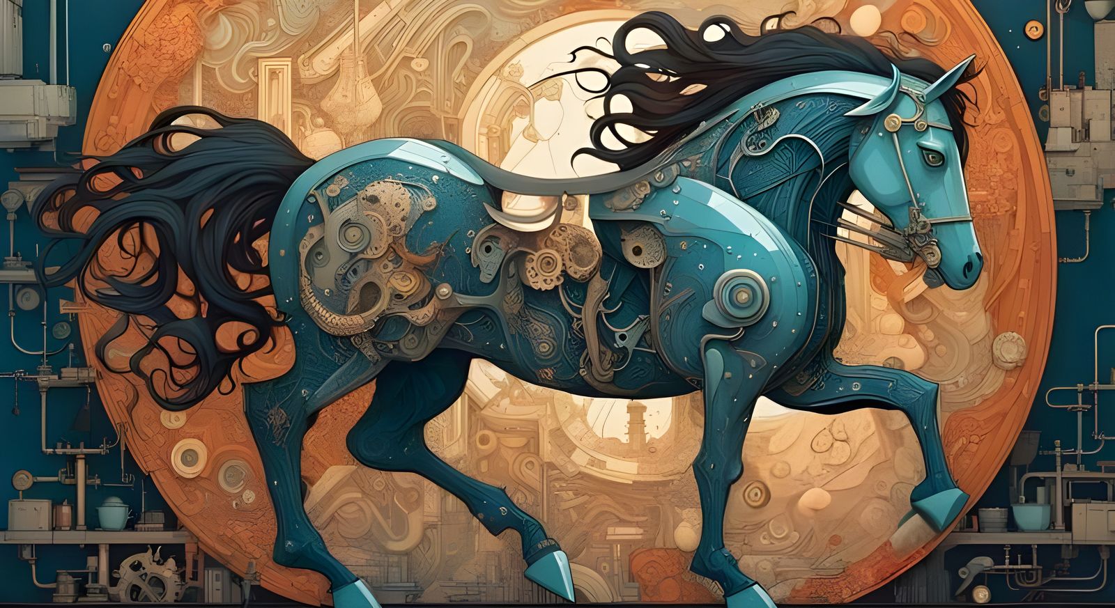 Mechanical Horse in Detailed Storybook Illustration Style