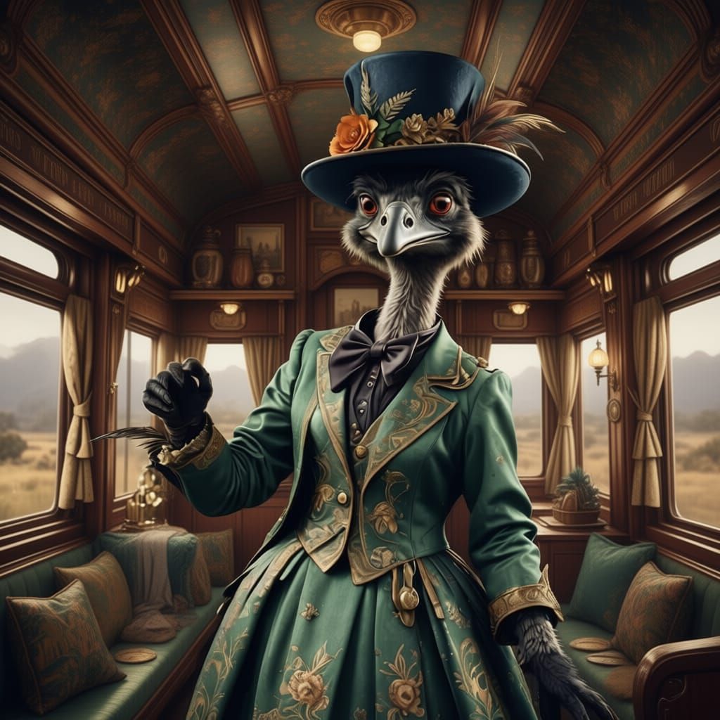 Anthropomorphic emu named Evelyn, wearing a poetic, elegant ...