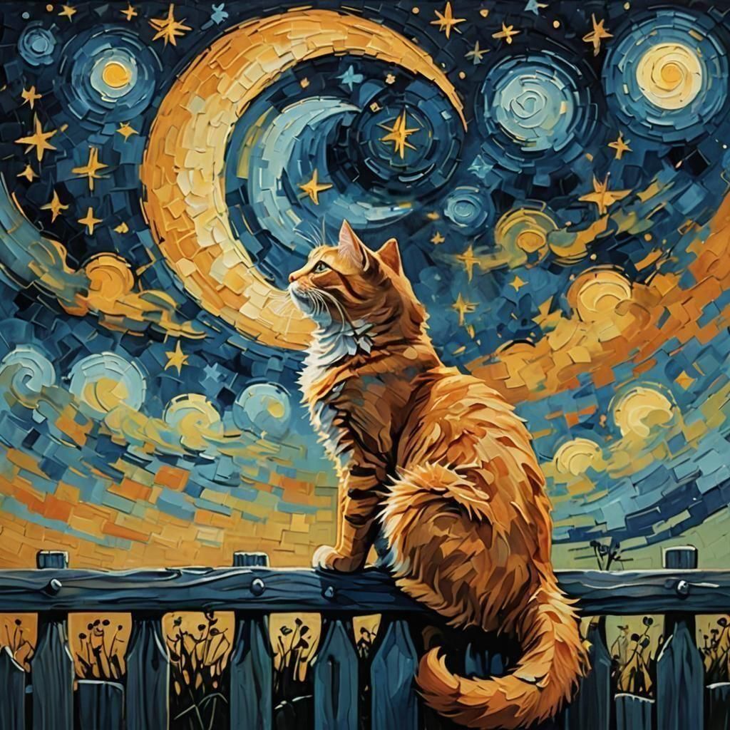Orange Cat Gazing at Starry Night Sky