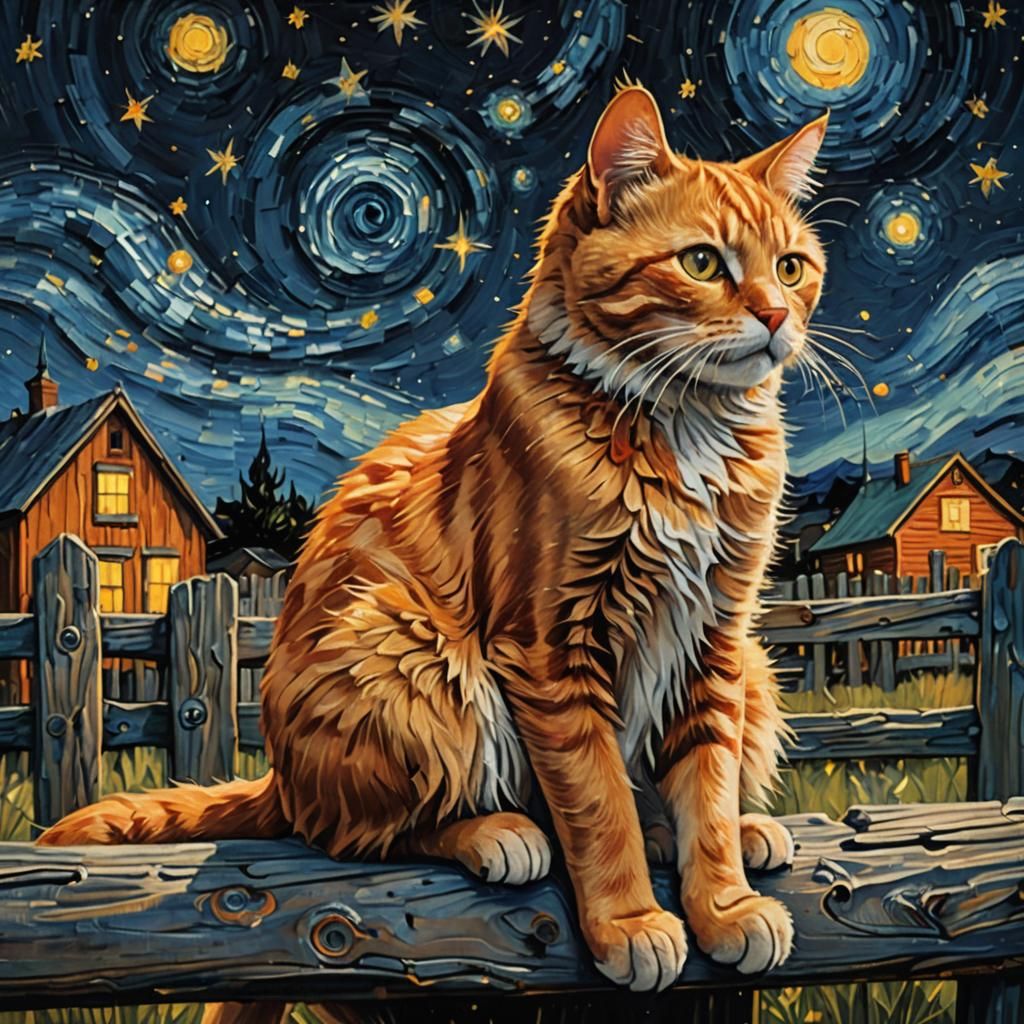 Orange Cat Gazing at Starry Night as Impasto Oil Painting