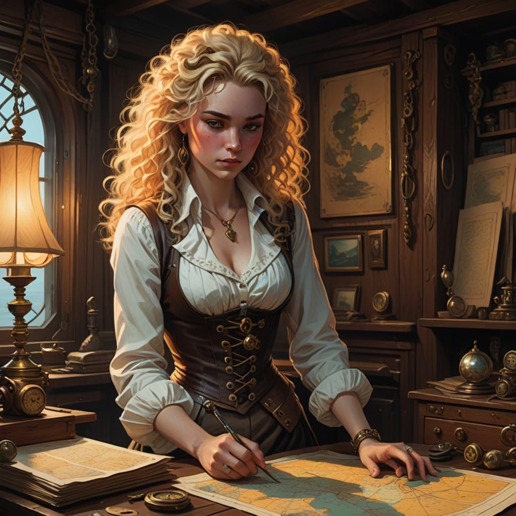 Elegant Pirate in Vintage Ship's Cabin