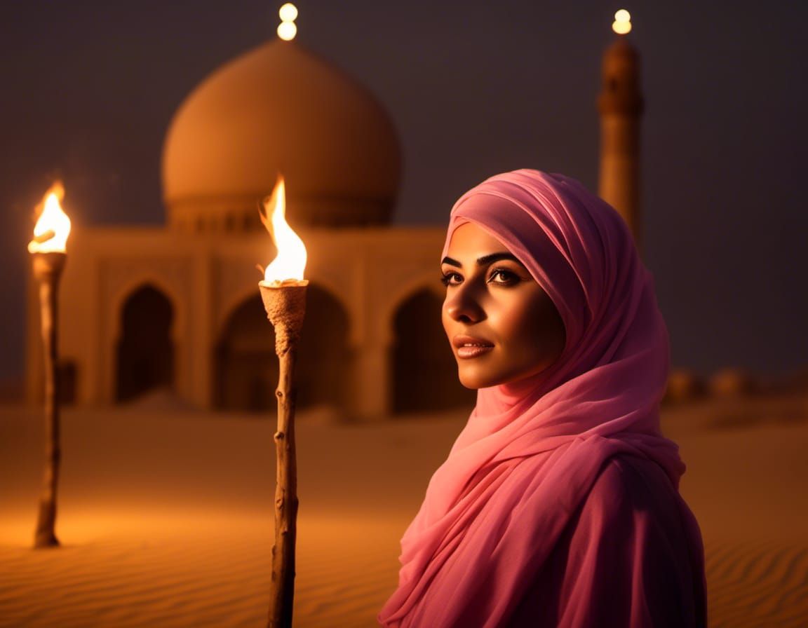 Arab Woman in Pink Turban in Desert Night