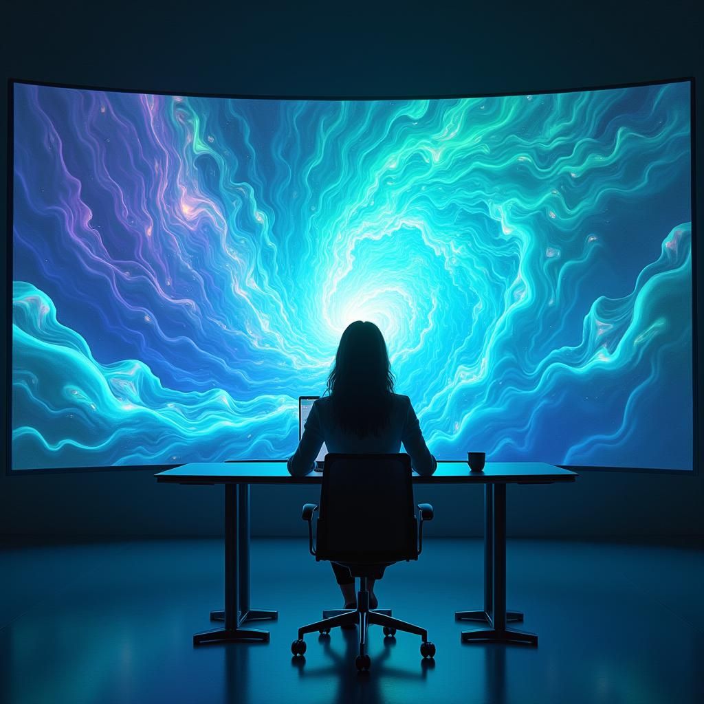 Futuristic Businesswoman Viewing Mystical Realm, Fantasy Con...