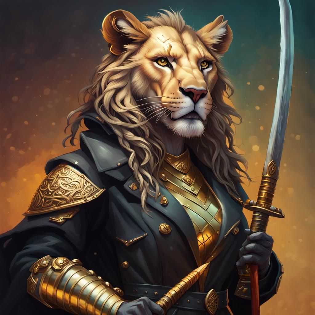 Armored Lion Druid with Katanas: Hyperrealistic Concept Art