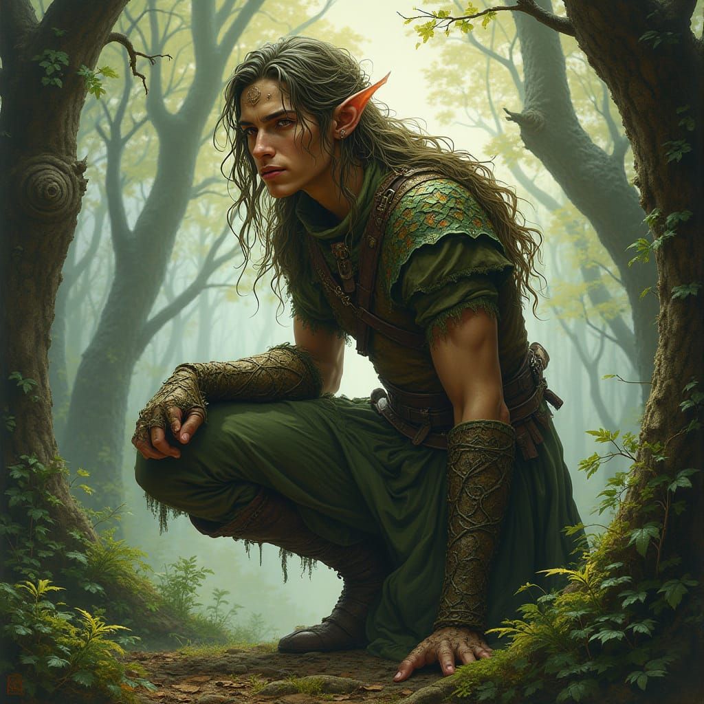 Wood Elf Soldier in Ancient Forest Stealth Crouch