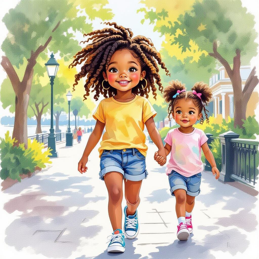 Girl with Braids on Riverwalk: Watercolor Style