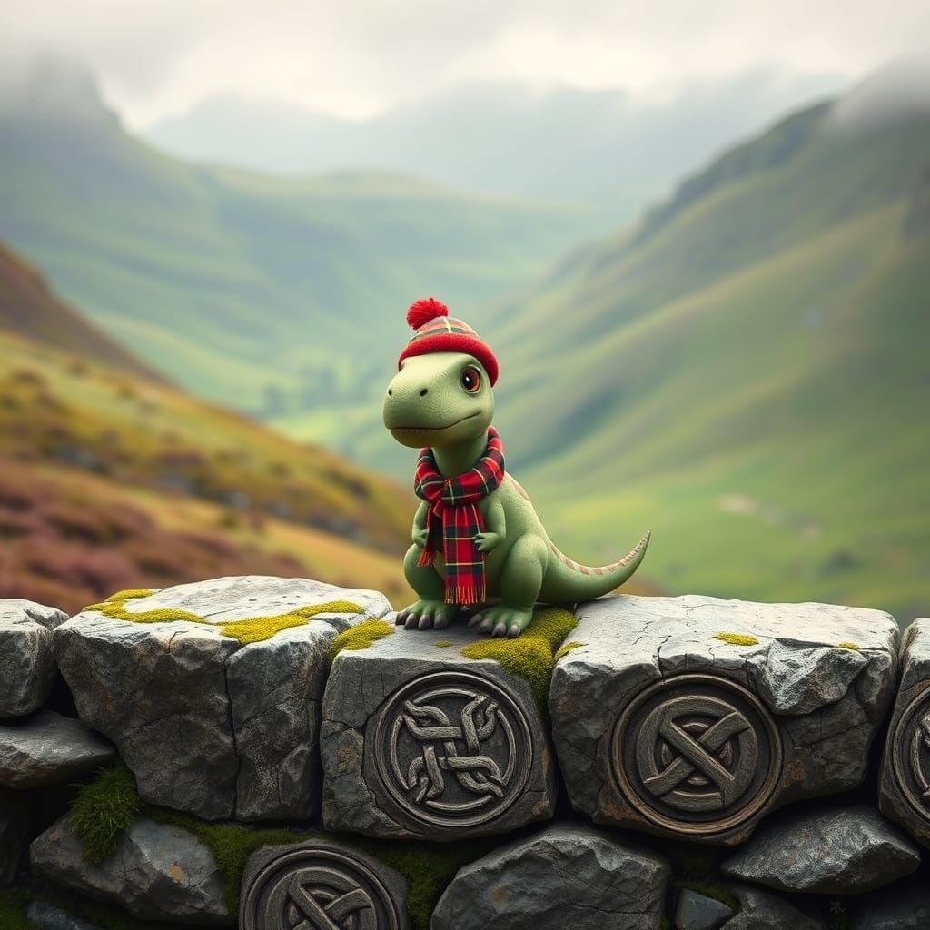 Cute Dinosaur in Scottish Highlands Setting