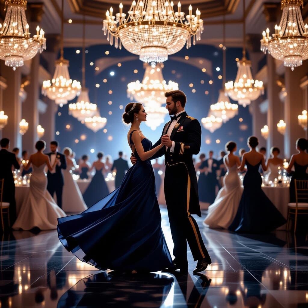 Elegant Couple Waltzing Under Starlight in Crystal Ballroom