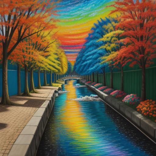 River Runs Through Street: Naive Art Landscape