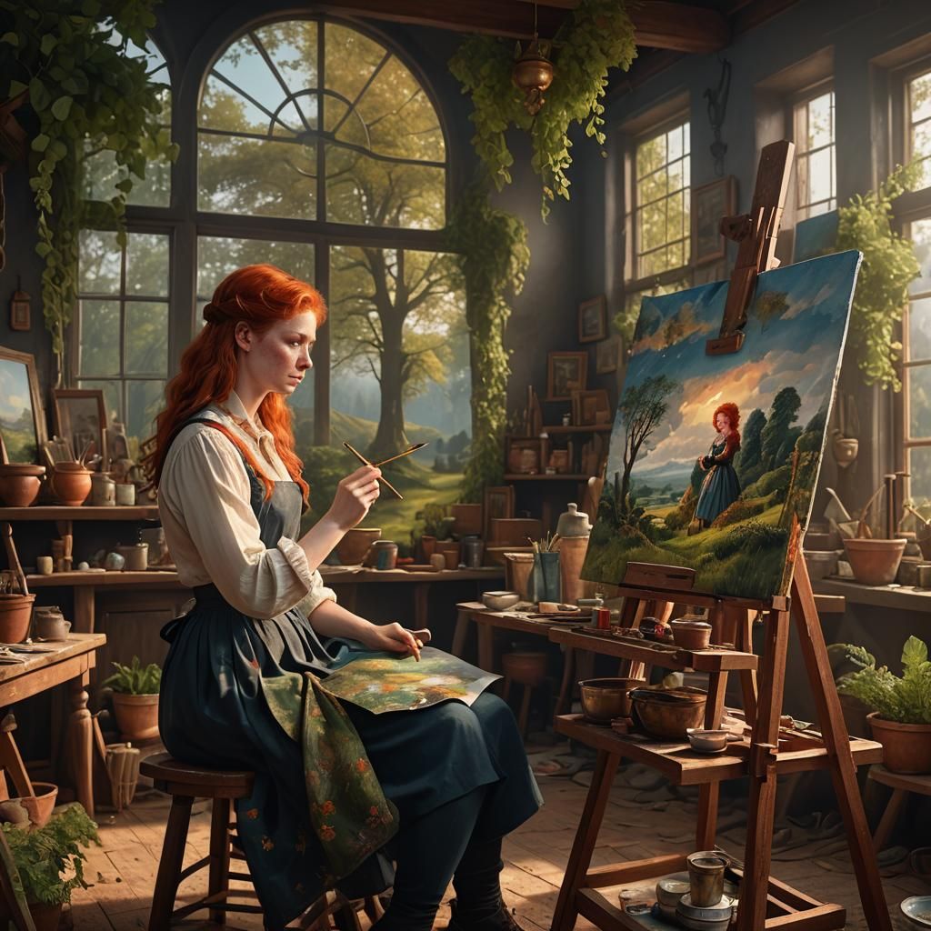 Red Haired Lady Painting a Dutch Landscape