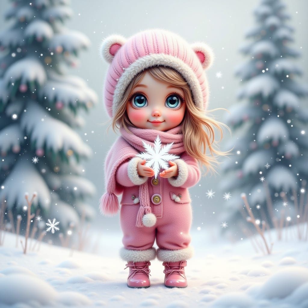 Adorable Girl in Snowy Landscape Holding Snowflake