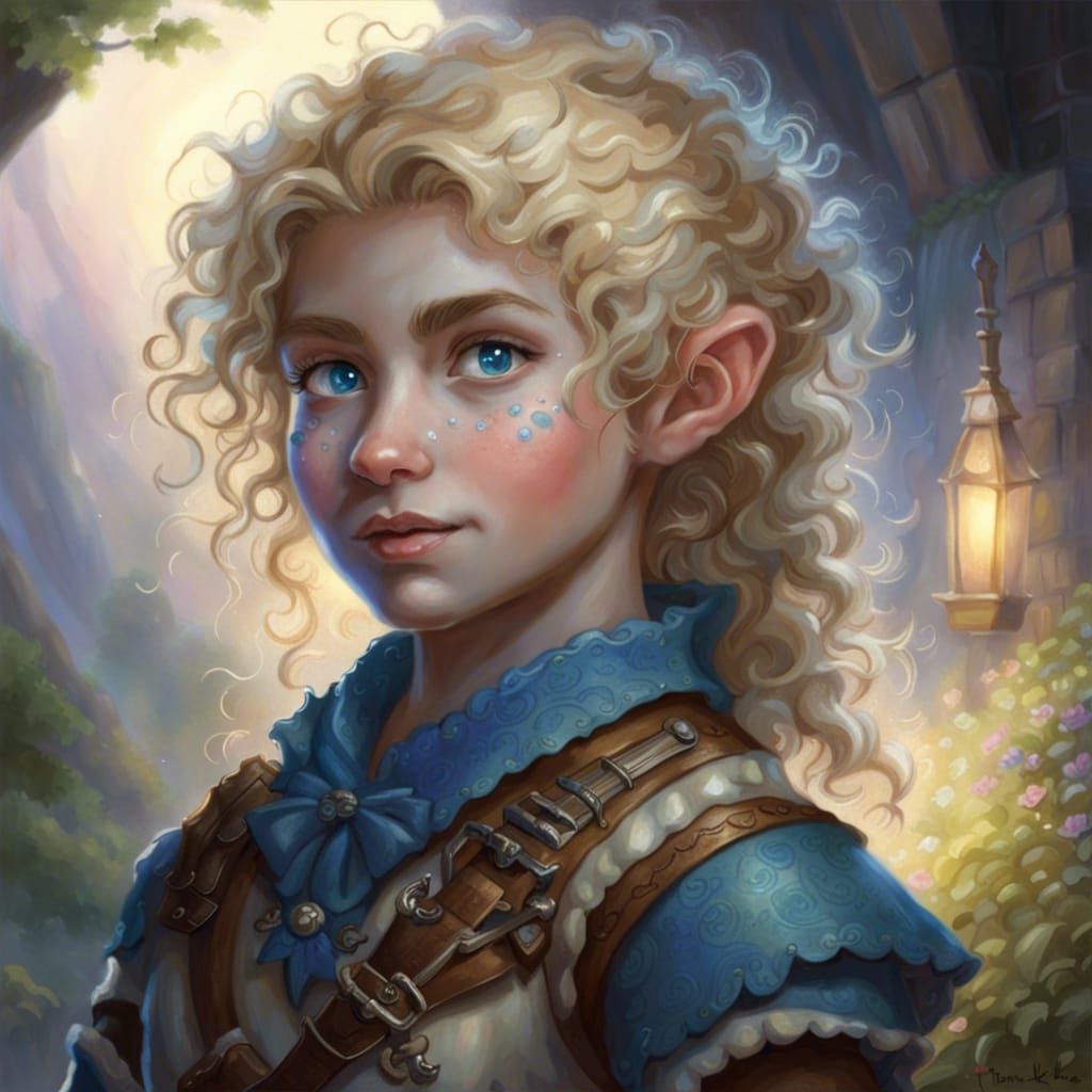 Ethereal Halfling Bard in a Kinkade Fantasy