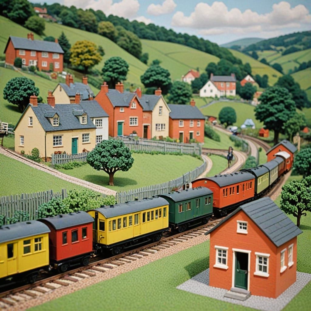 1950s Model Railway Scene in Abstract Style
