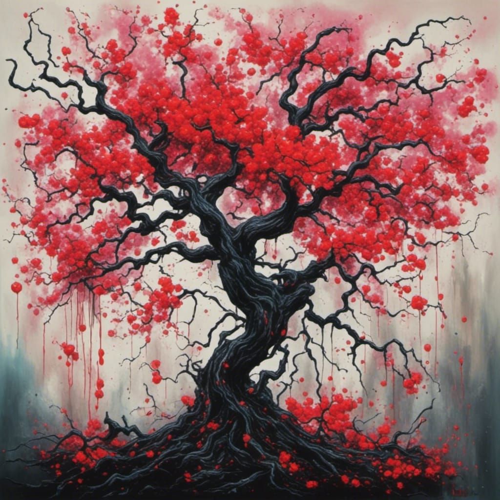 Cherry Blossom on Fire in Twisted Ink Style