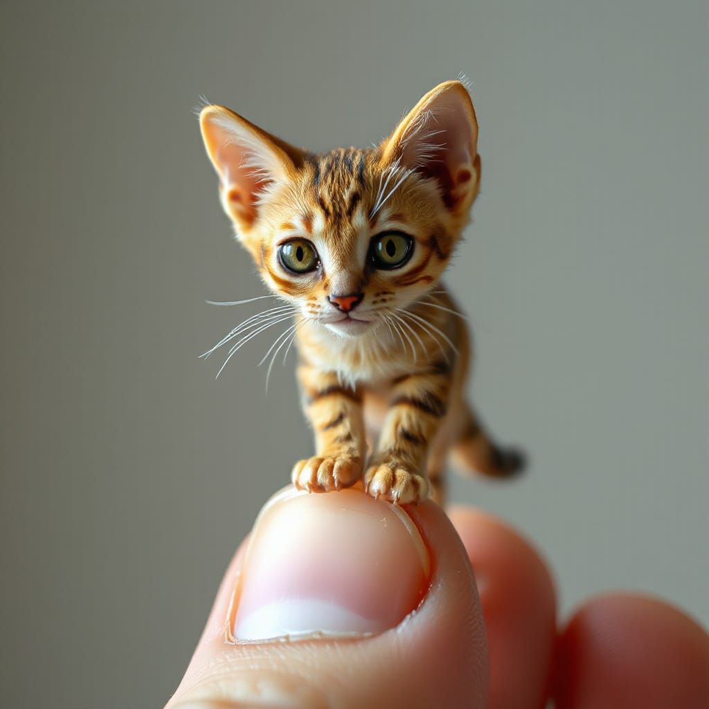 Miniature Cat on Finger, Hyper-Realistic Close-Up