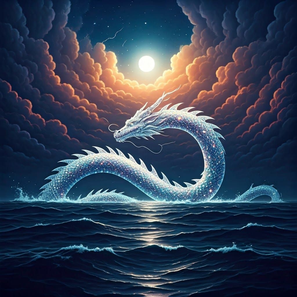 Stardust Dragon Soaring Above Stormy Ocean at Night