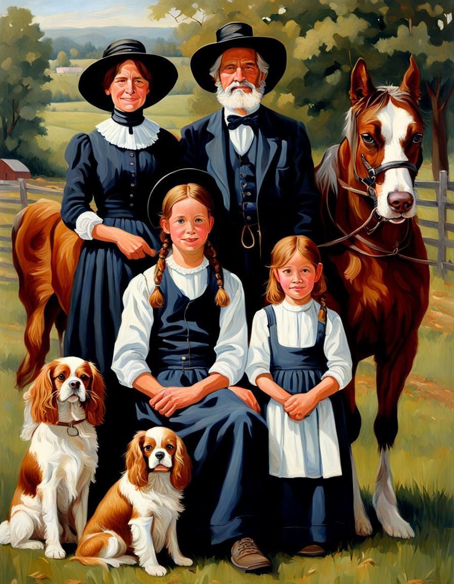 Amish Family Portrait with Cavalier King Charles Spaniel