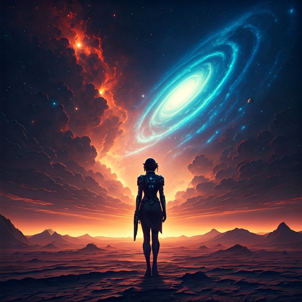Lone Woman on Alien Planet Under Swirling Nebulae