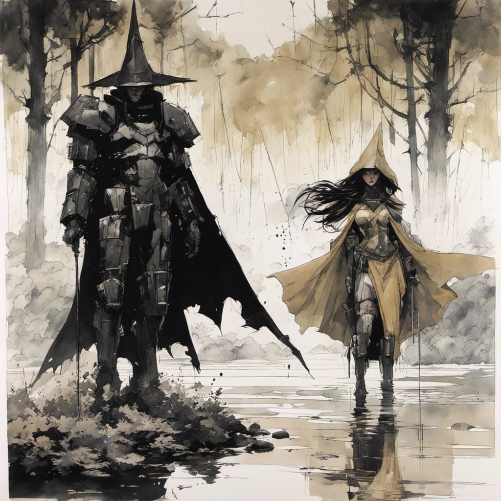 Goth Witch in Mechwarrior Armor in Rainy Forest