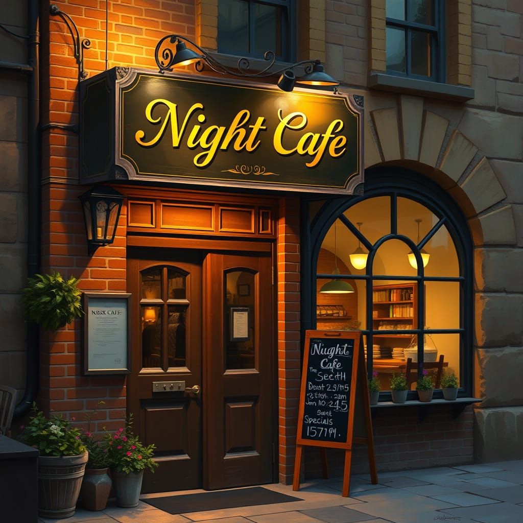 Warm Night Café with Vintage Sign and Cozy Atmosphere