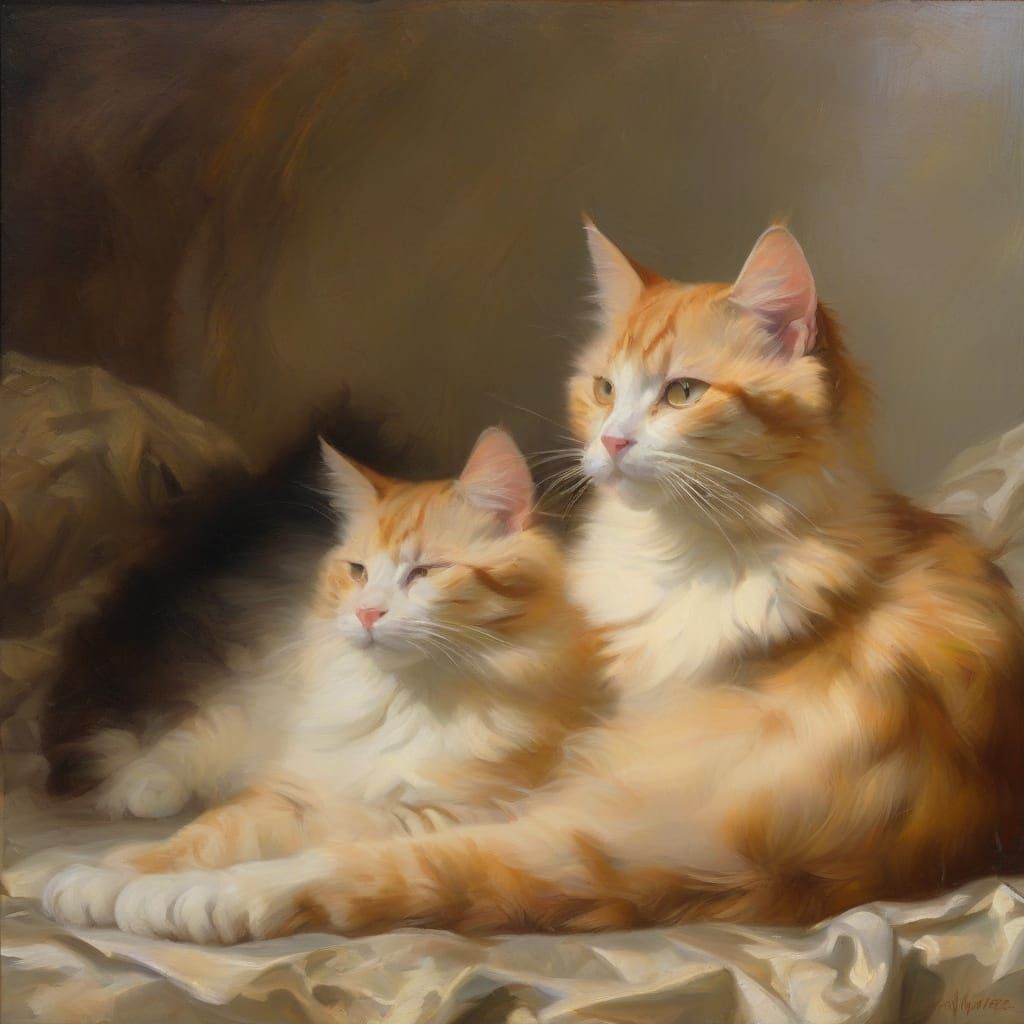 Baroque Cats Sleeping in Golden Morning Light