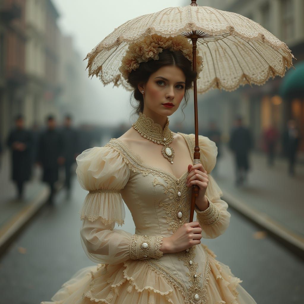 Victorian Lady Strolls San Francisco Fog in Elegant Style