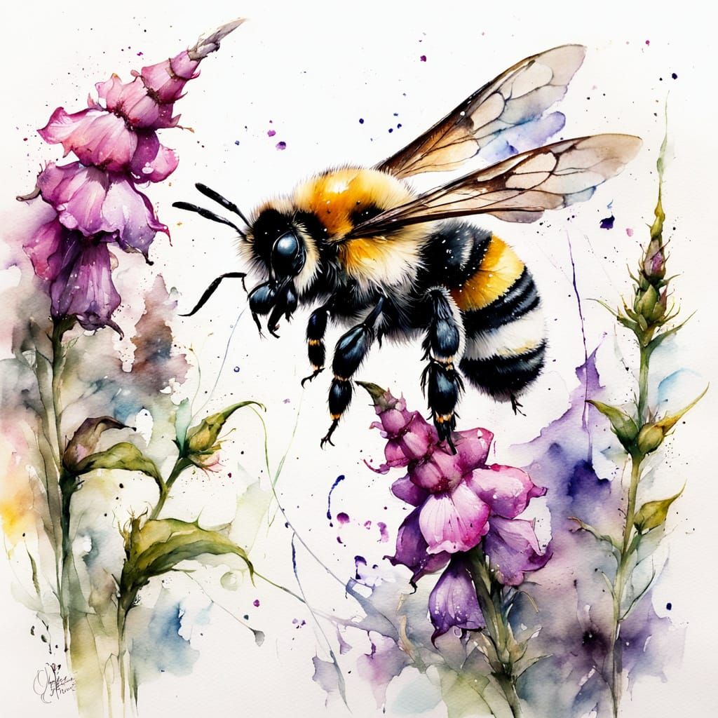Bumblebee on Foxglove Flowers in Splashy Watercolour