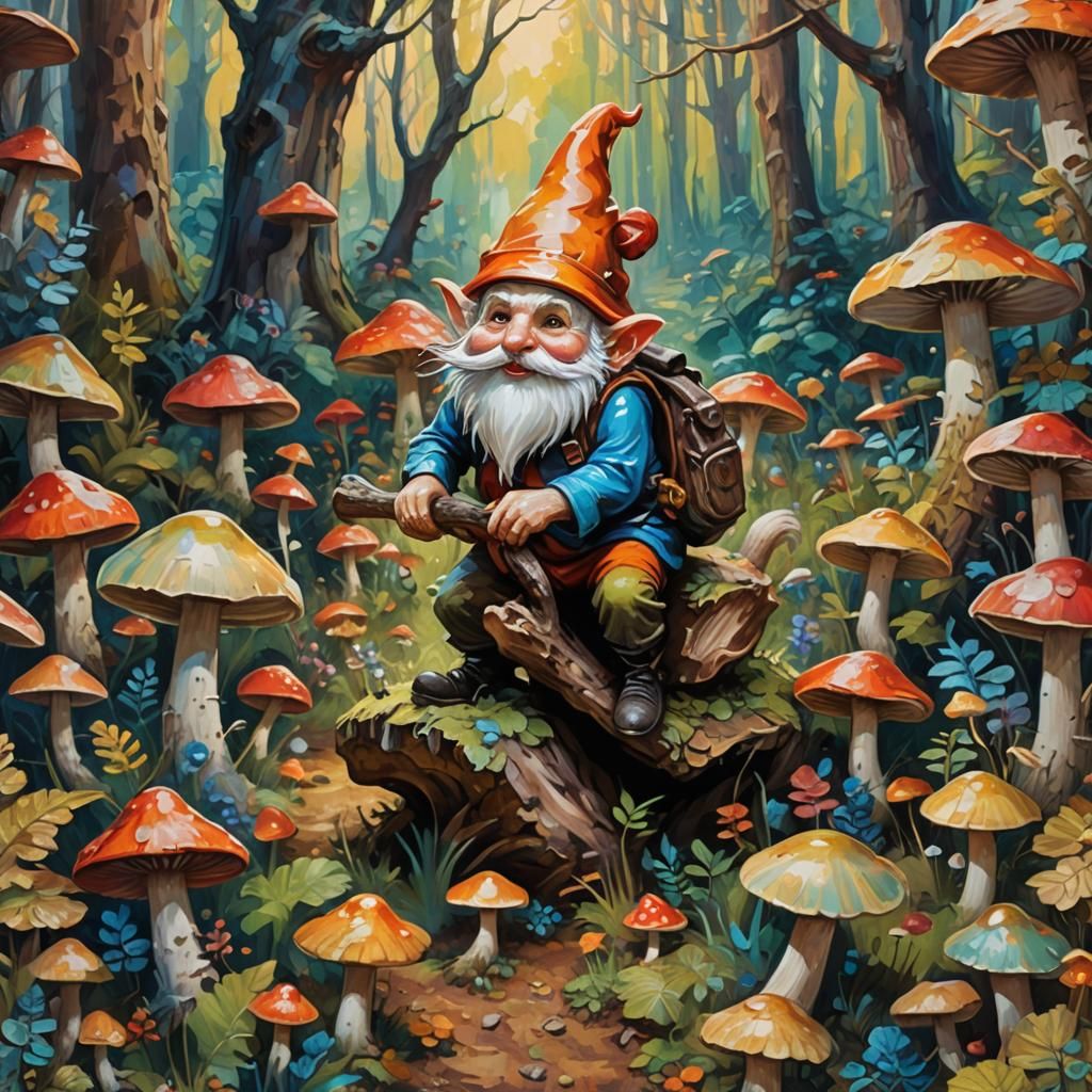 Gnome Rides Opossum Through Luminous Mushroom Forest