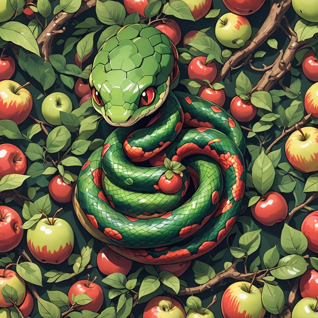 Anime Snake Wrapped Around Apple, Cel-Shaded Style