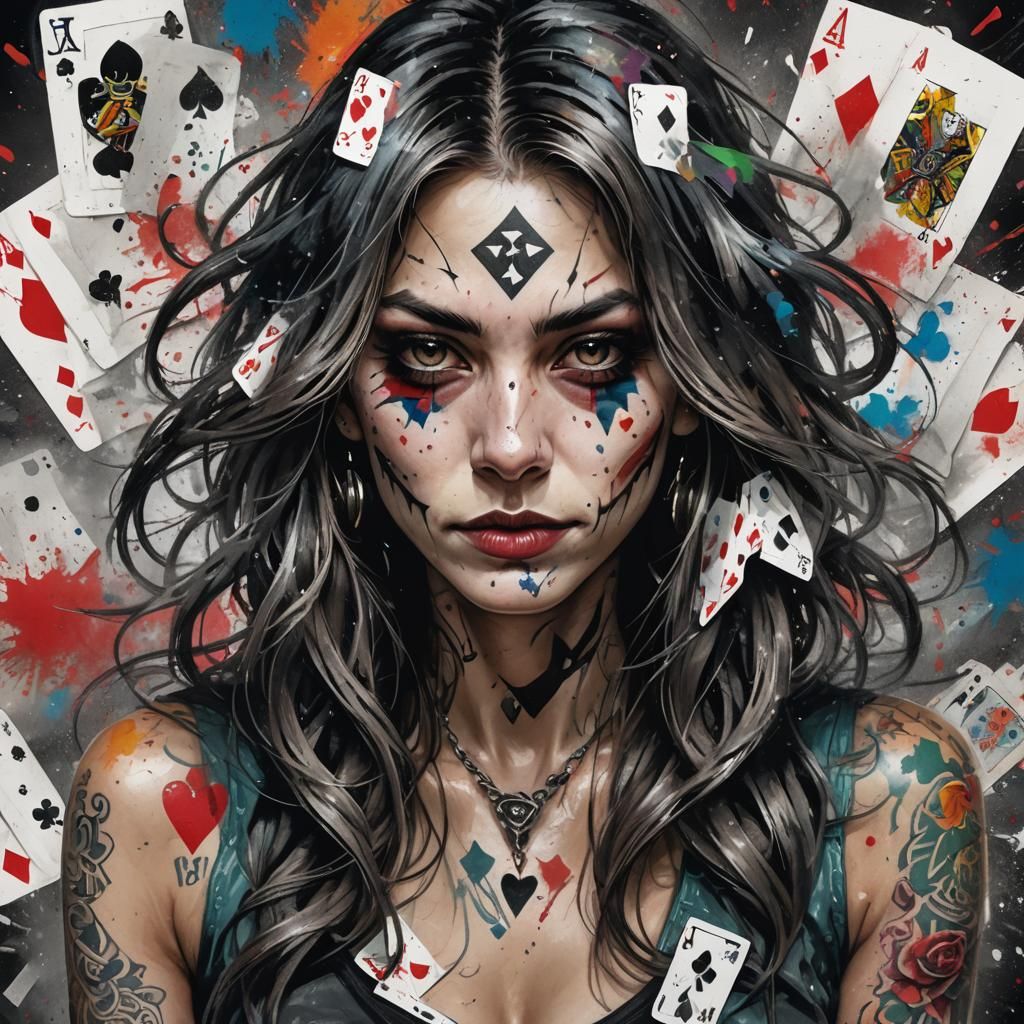 Poker Woman with Joker Card in Charcoal Style