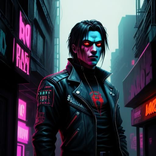 Cyberpunk Zombie Spider-Man in Neon Cityscape