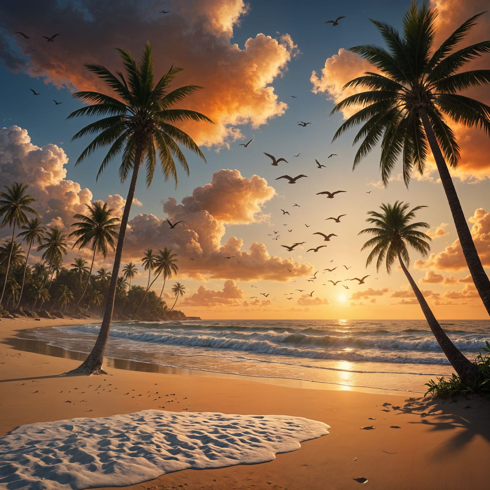 Sunset Beach with Palm Trees and Birds