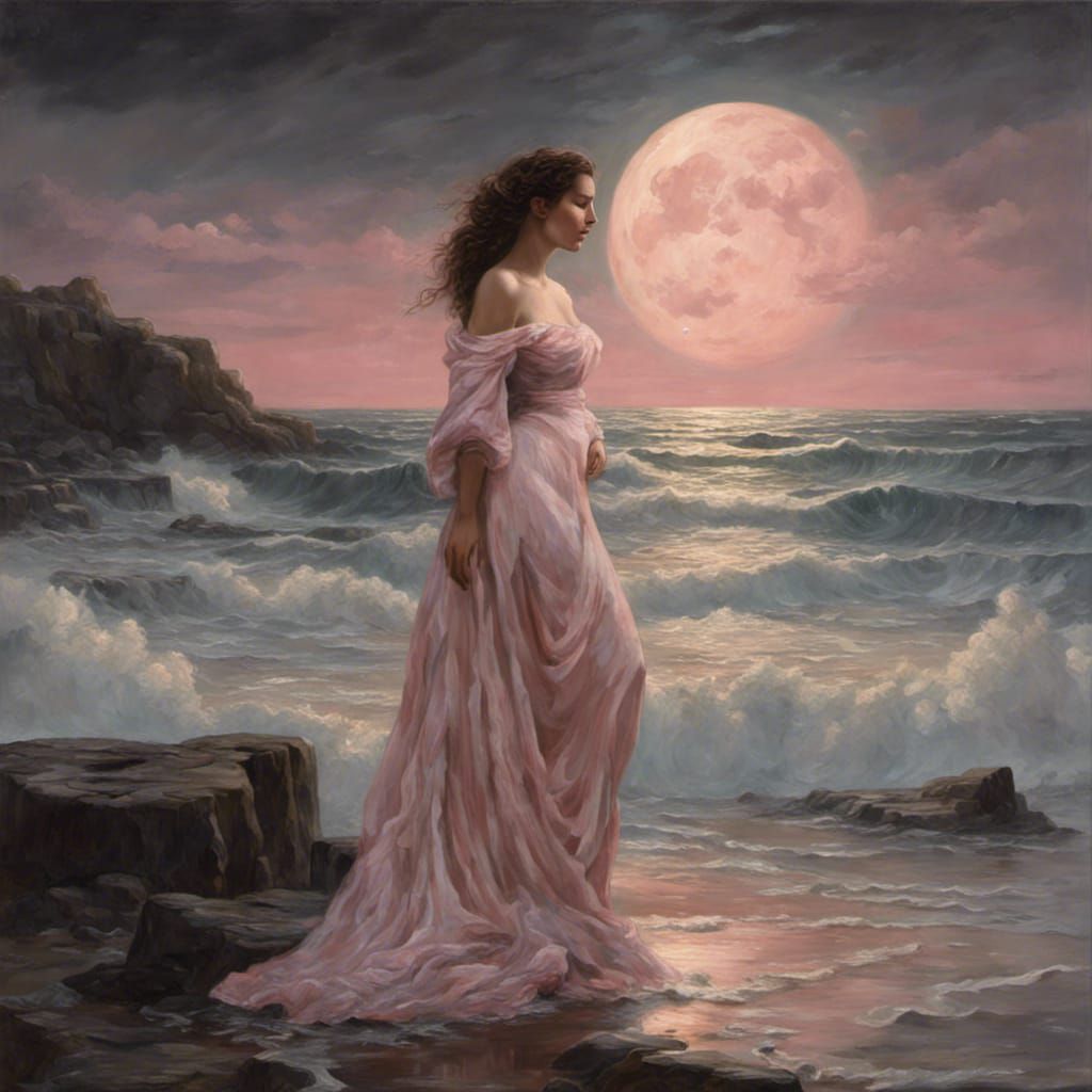 Celestial Woman in Moonlit Tide Pool: Renaissance Oil Painti...