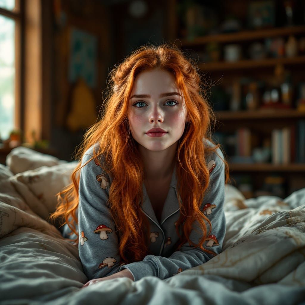 Ginny Weasley in Cozy Burrow Bedroom, Golden Hour