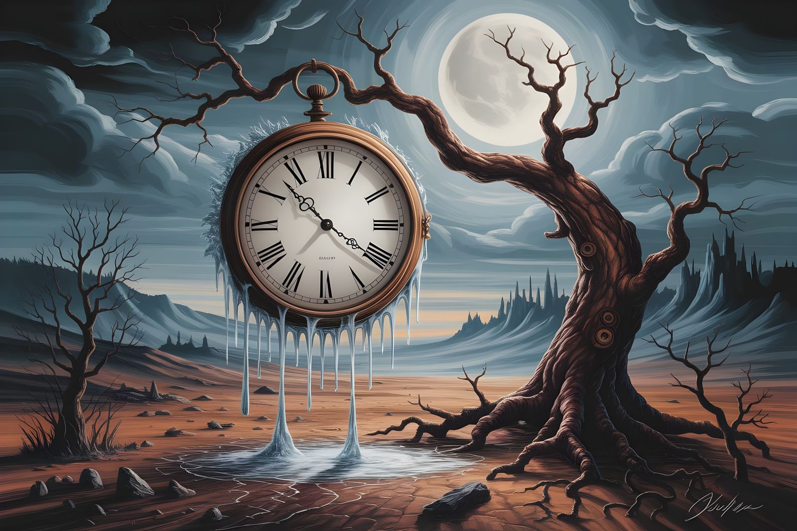 Melting Clock in Desolate Landscape: Surreal Oil Painting