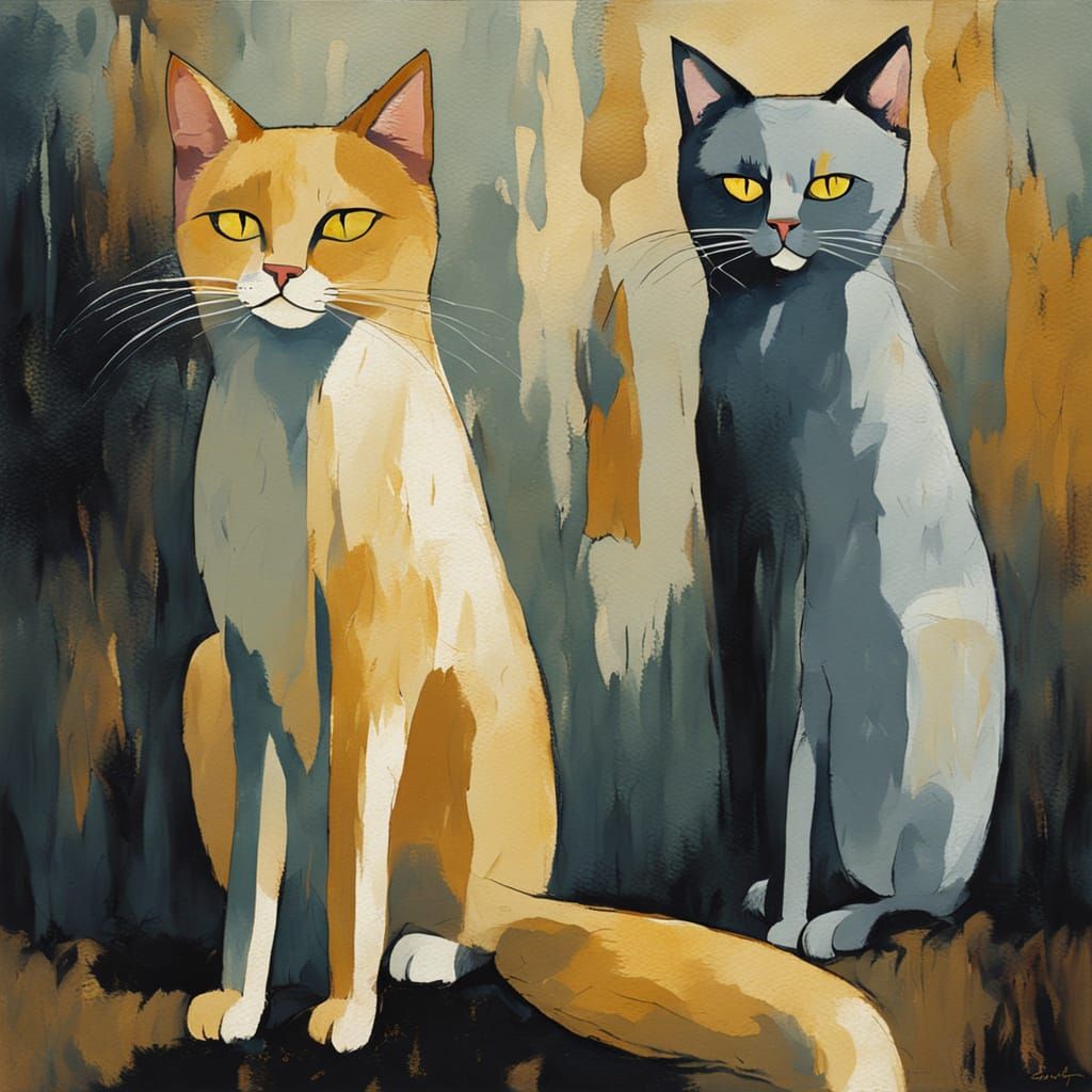 Modigliani-Inspired Cats in Moonlit Whimsy