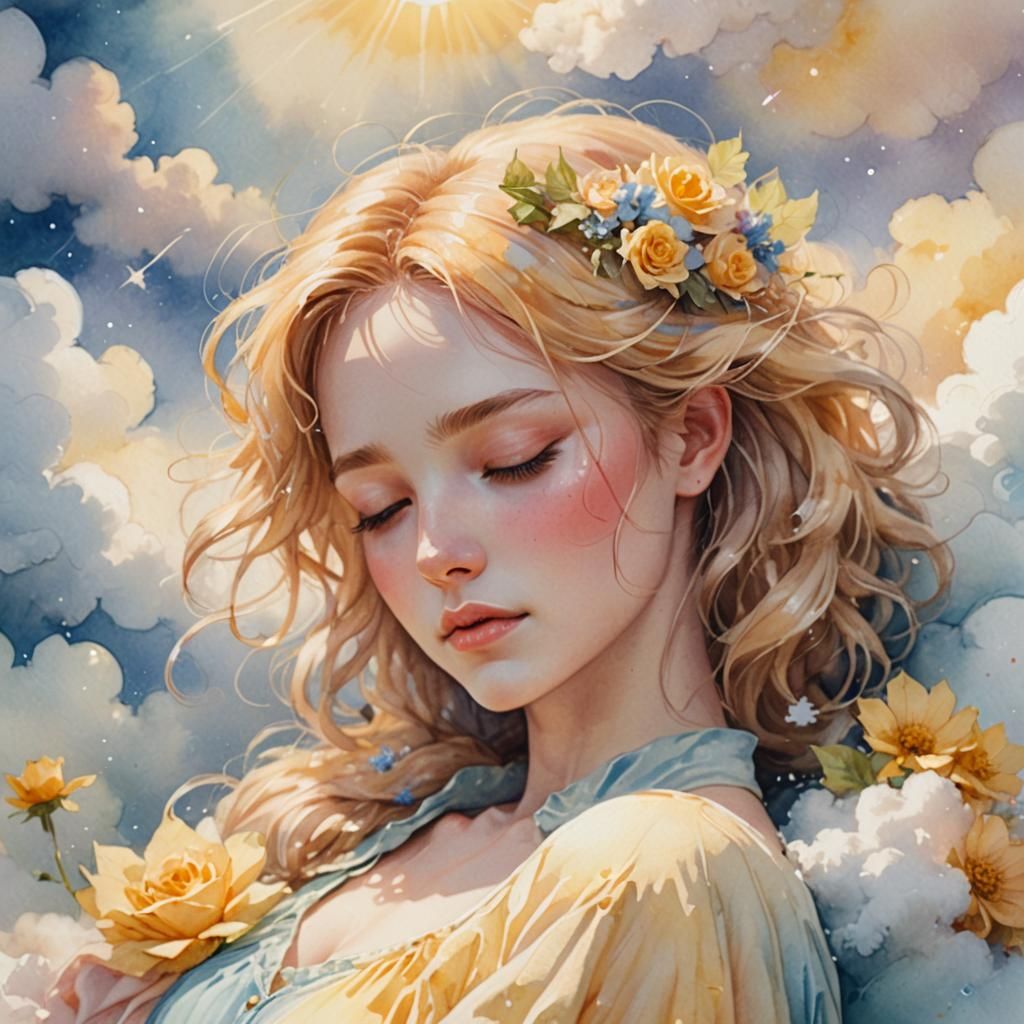 Fairycore Dream: Watercolor Portrait of Sleeping Woman