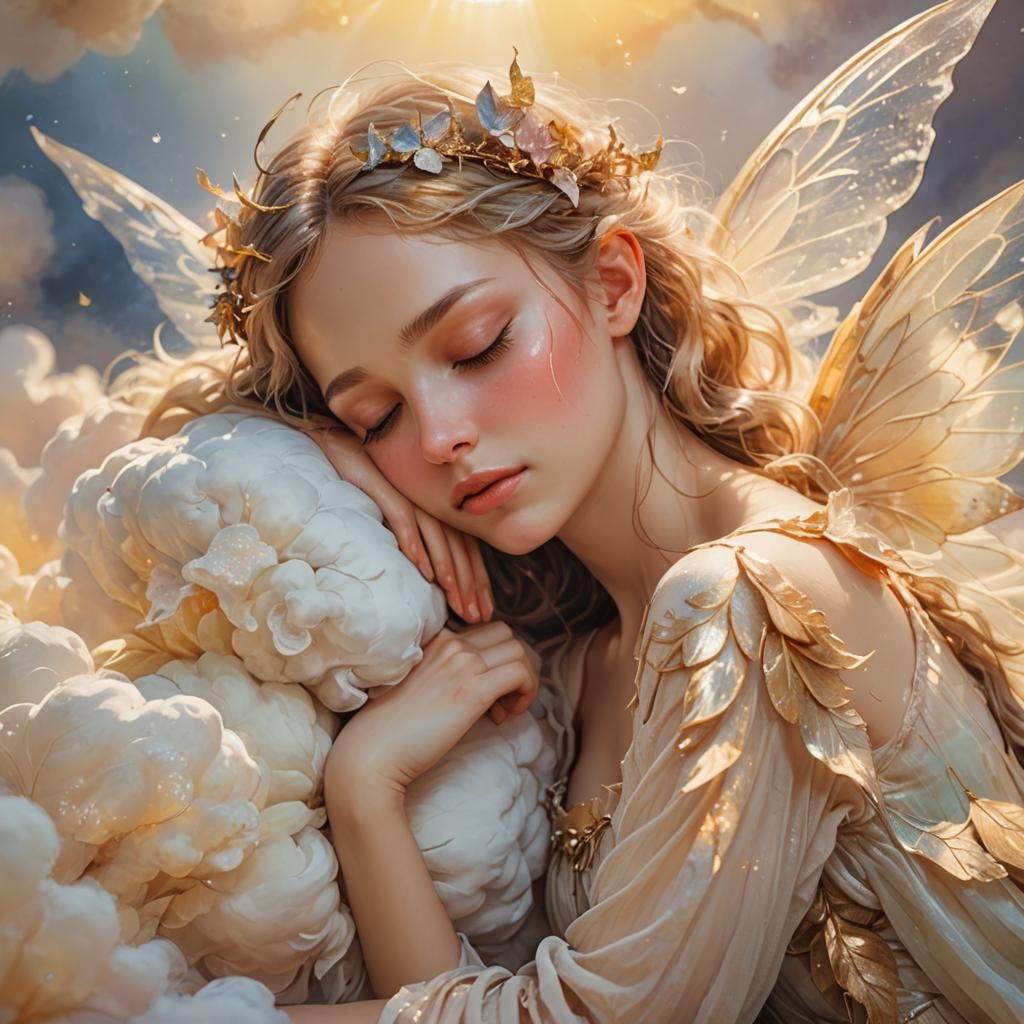 Fairy Sleeping on Cloud in Watercolor Style