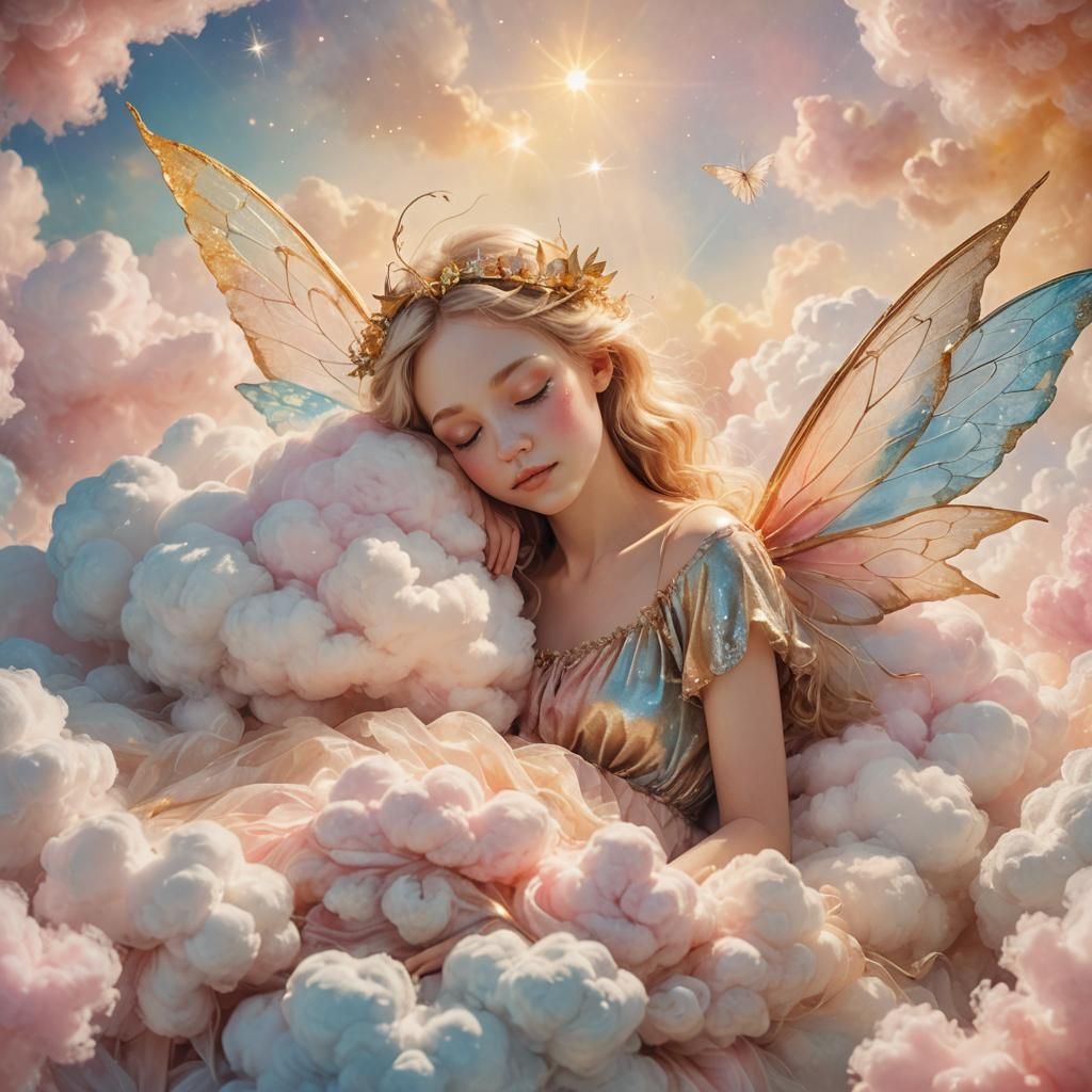 Fairy Sleeping on Cloud in Watercolor Style