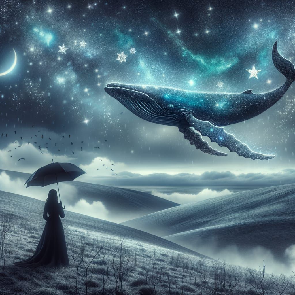 Magical Whale Soaring Through Winter Night Sky