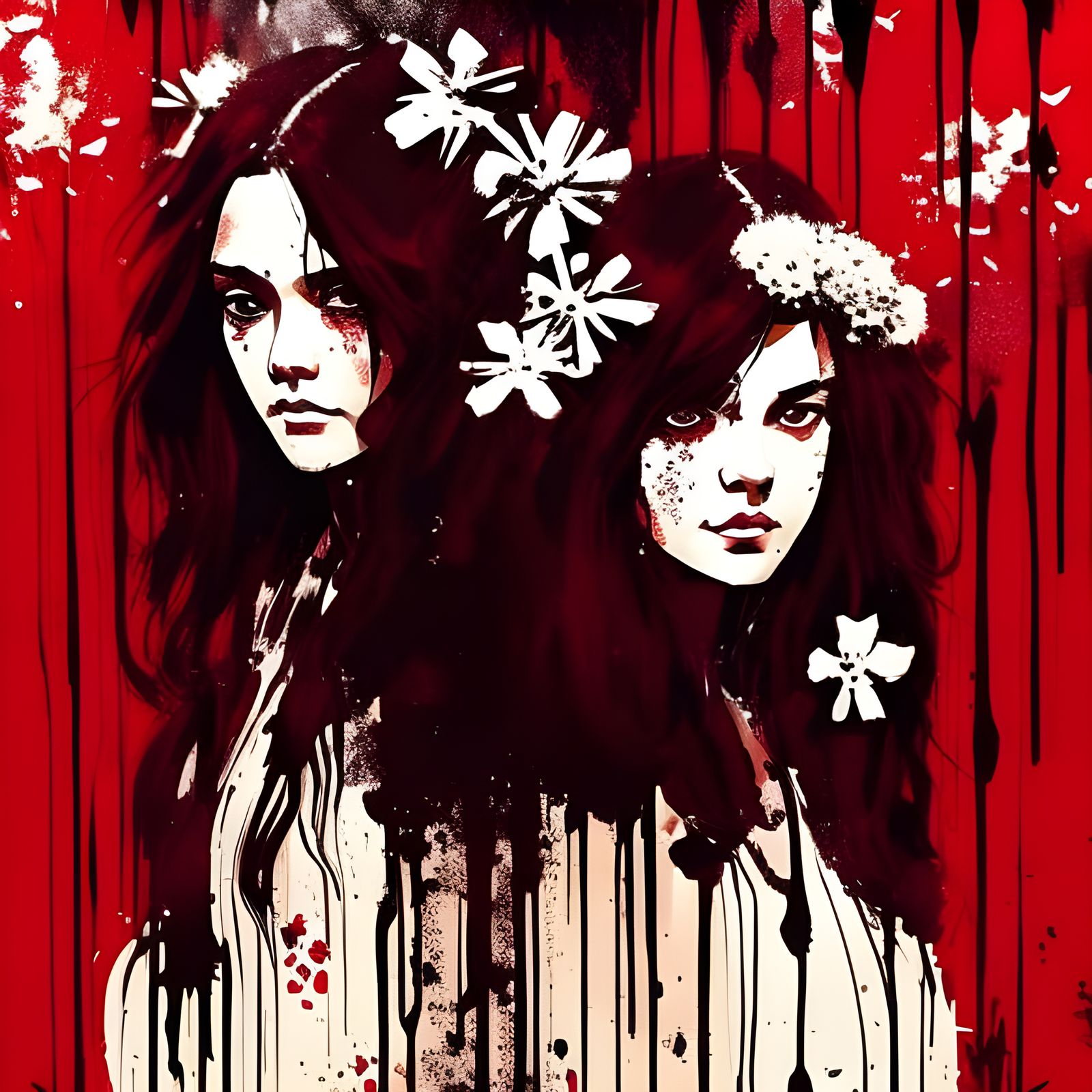 Two Girls Portrait with Red Background and White Flowers
