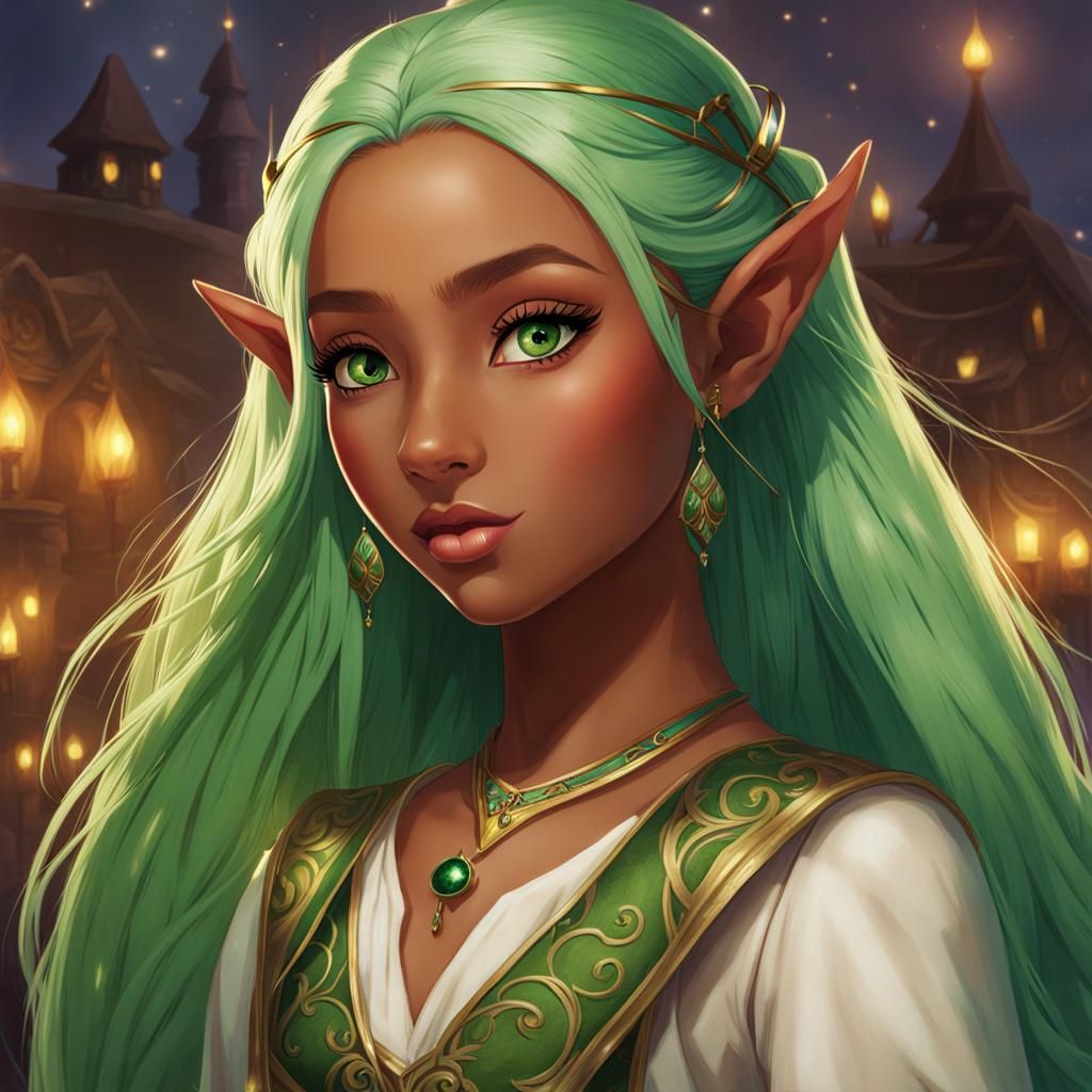 Elf Girl Portrait with Green Hair and Eyes