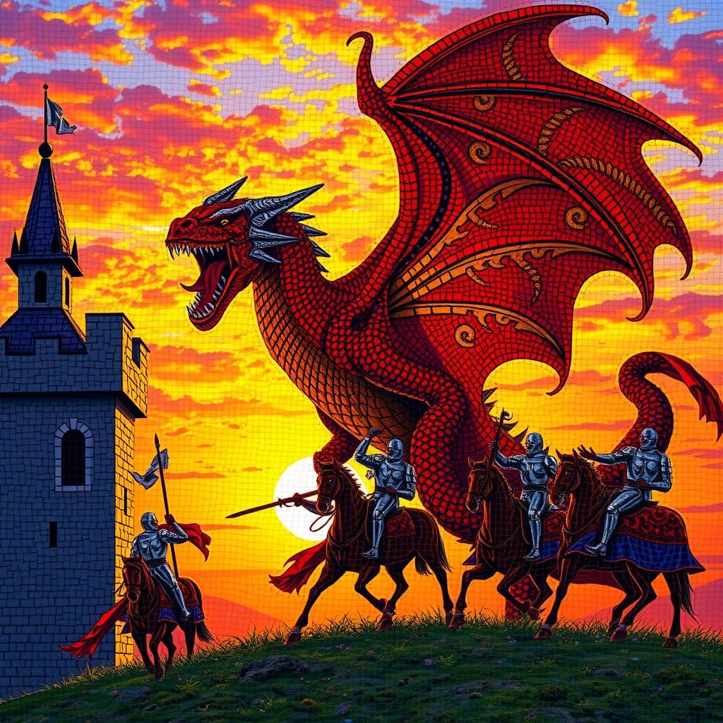 Ethereal Fantasy Landscape with Majestic Red Dragon in Golde...