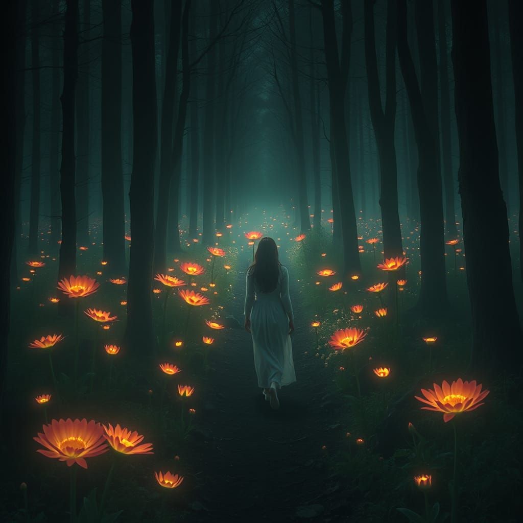 Woman in Forest of Glowing Flowers, Digital Art