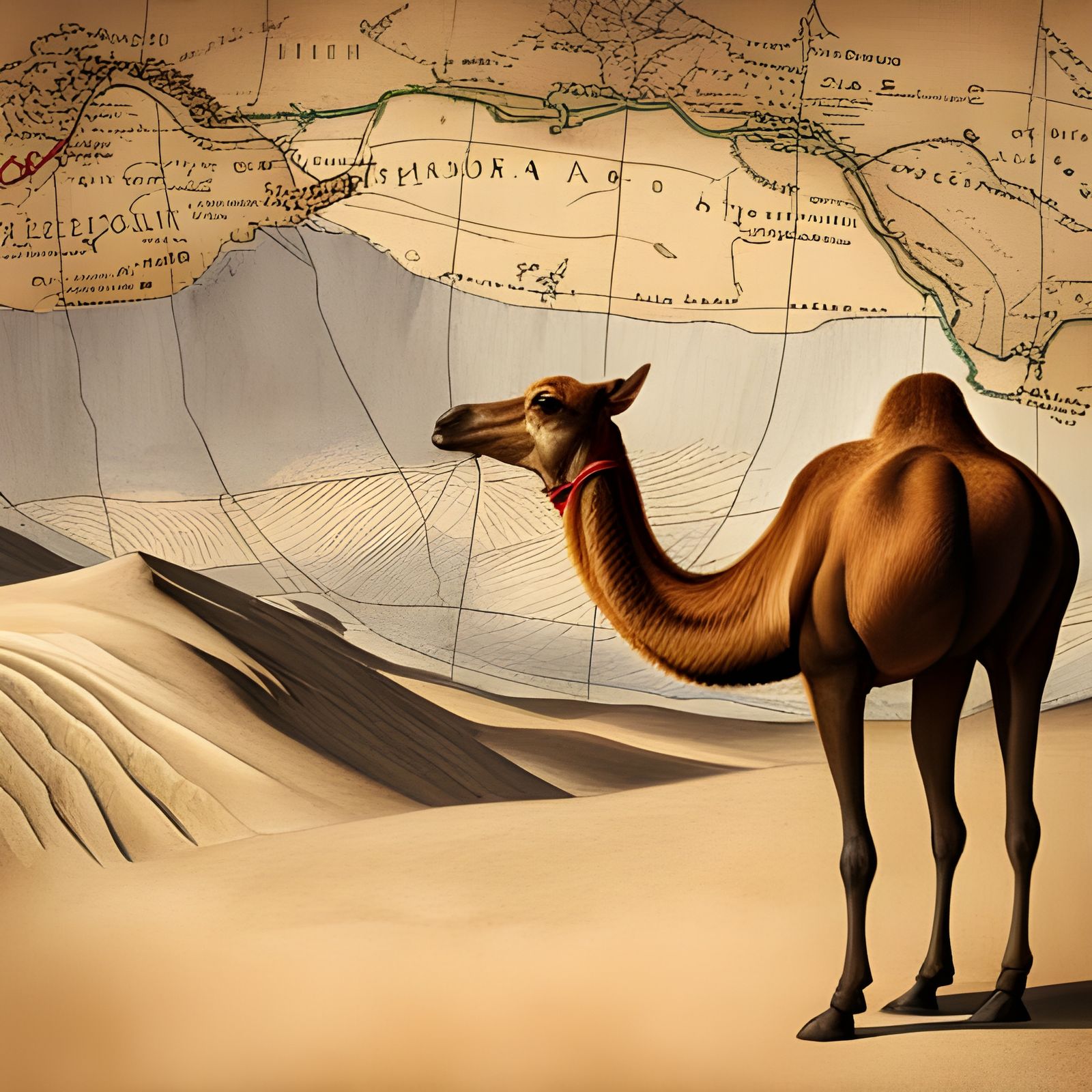 Dromedary Camel and Antique Map Illustration