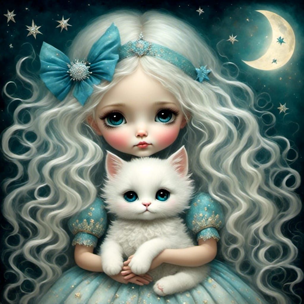 Little Princess with Cat in Cosmic Dreamscape