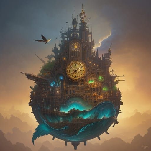 Steampunk Dragon Chasing Mechanical Hummingbirds